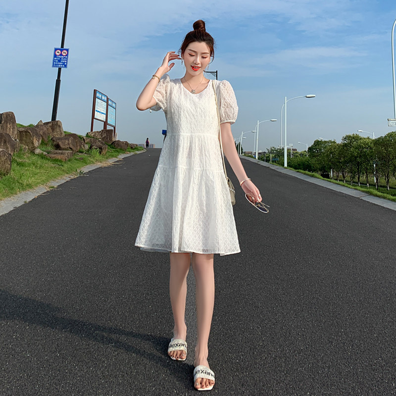白色连衣裙女2021夏季新款韩版宽松显瘦中长款小清新a字娃娃裙女