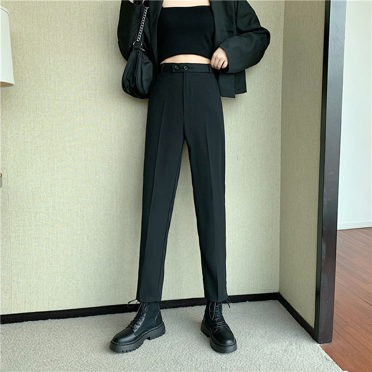 Real price casual pants women's straight pants solid color versatile high waist slim two button suit Capris