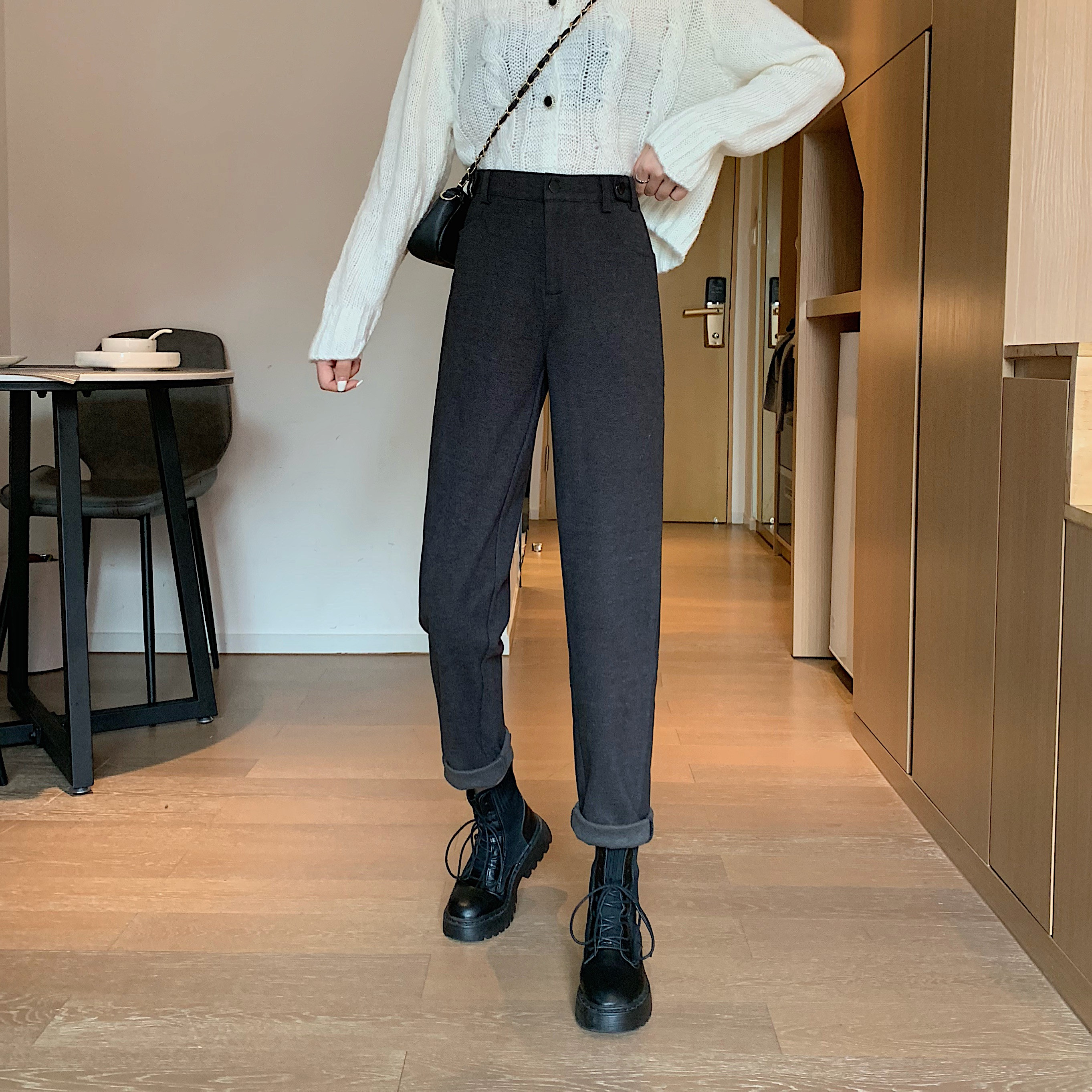 Real shot of woollen trousers children's autumn and winter high waist loose casual grandma's radish pants father's Harun pants