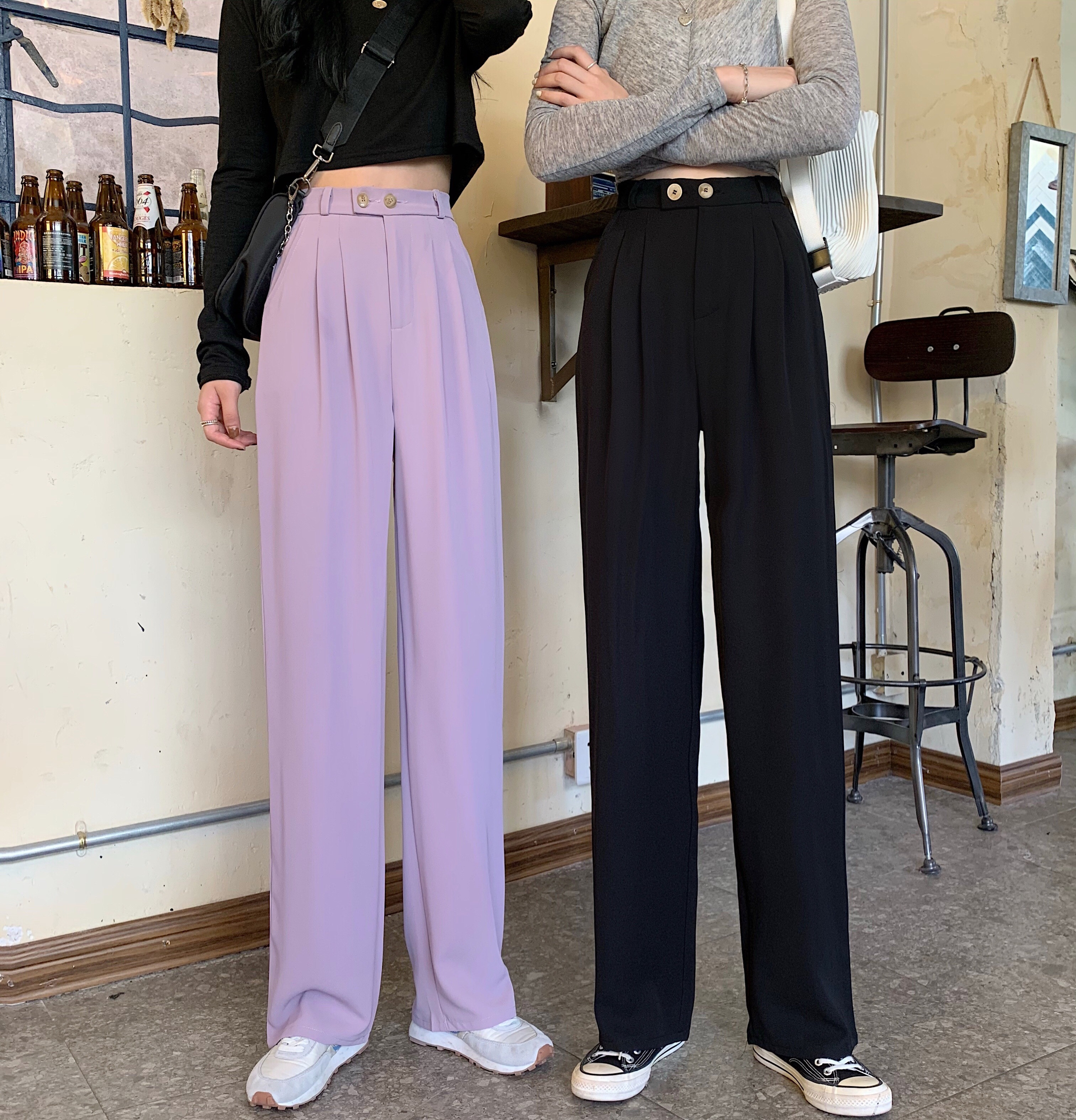 Real price wide leg pants women's high waisted loose drop feeling straight pants thin purple suit mopping pants