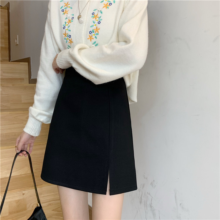 Black woolen skirt women's autumn and winter versatile show thin split A-line Hip Wrap short high waist one-step skirt