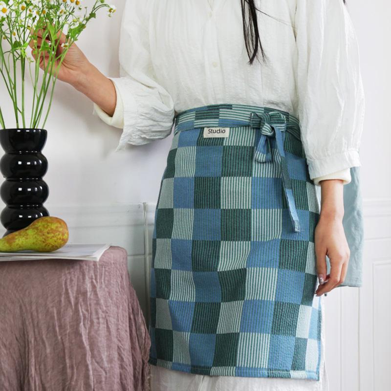 韩式ins风简约条纹无袖半身围裙