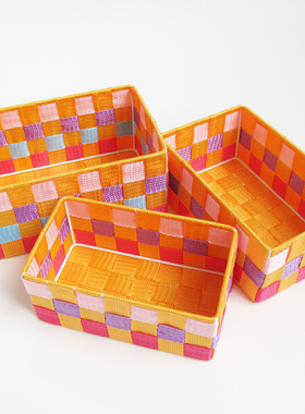 多功能化妆首饰收纳盒冰丝带手工编织收纳筐桌面整理盒长方三件套