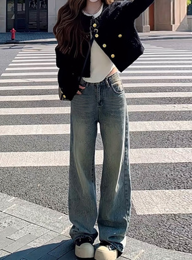 美式直筒牛仔裤女2025年春季复古蓝水洗高腰宽松显瘦阔腿拖地裤子