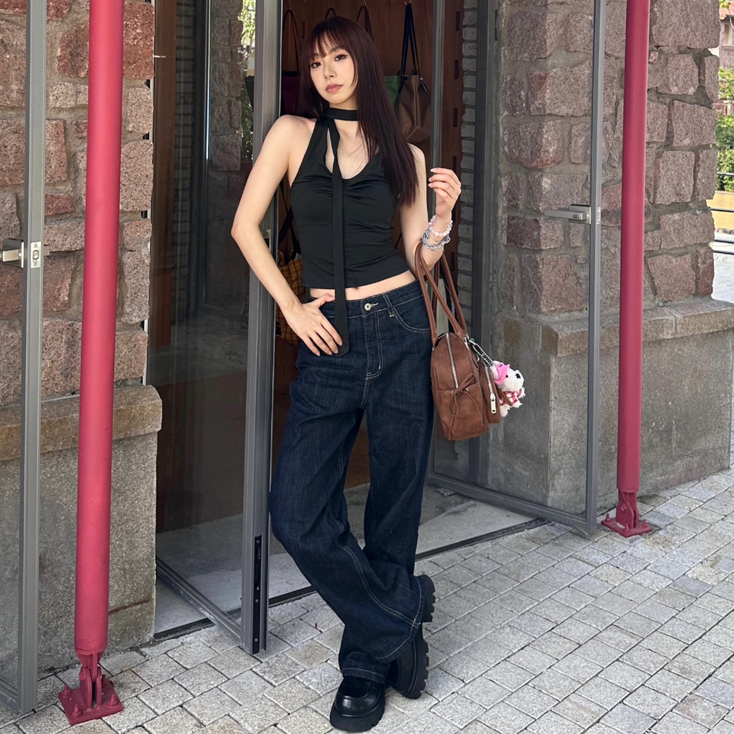 深蓝色阔腿牛仔裤丹宁高腰直筒裤