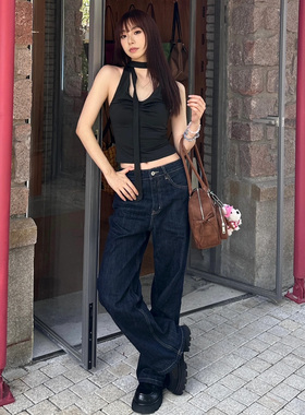 深蓝阔腿牛仔裤女2025秋季高腰宽松显瘦美式复古丹宁防掉色直筒裤