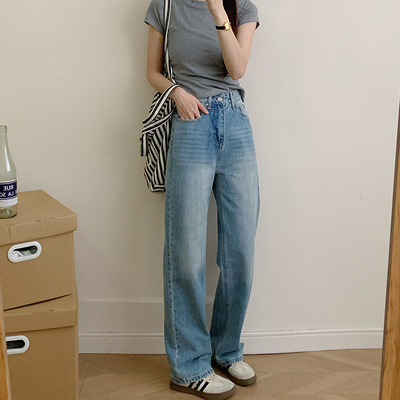 直筒牛仔裤女高腰显瘦窄版阔腿裤
