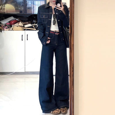 丹宁蓝色美式复古微喇牛仔裤显瘦