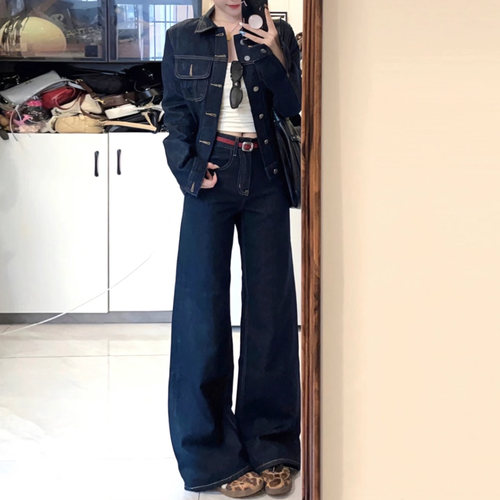 丹宁蓝色美式复古微喇牛仔裤显瘦