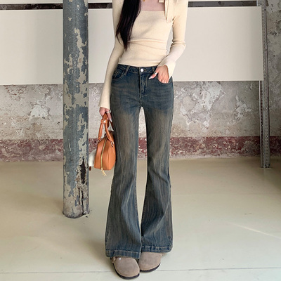水泥灰微喇牛仔裤弹力修身喇叭裤