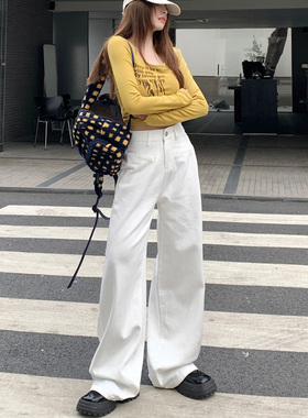 白色高腰阔腿牛仔裤女2025春季新款显瘦直筒裤宽松休闲垂感拖地裤