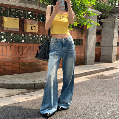 美式阔腿裤牛仔裤高腰宽松直筒裤