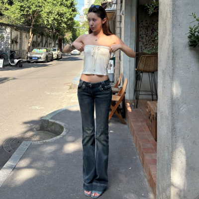 美式复古低腰辣妹修身微喇牛仔裤