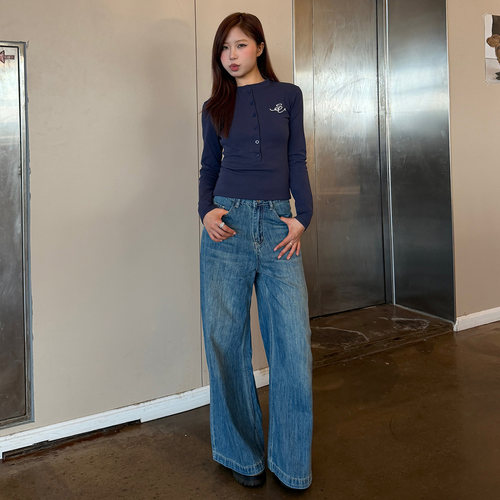 宽松阔腿裤女高腰显瘦直筒牛仔裤
