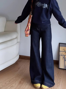 丹宁蓝微喇牛仔裤女秋季新款高腰宽松显瘦弹力不贴腿深蓝色喇叭裤