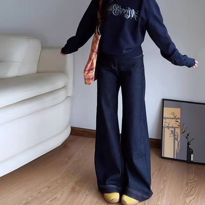 丹宁深蓝色牛仔裤高腰微喇马蹄裤