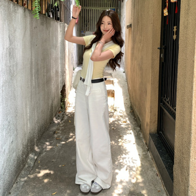 白色直筒裤高腰阔腿牛仔裤