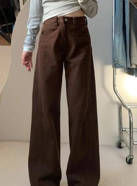 棕咖色直筒牛仔裤女秋冬季美拉德宽松显瘦美式复古高腰弯刀阔腿裤