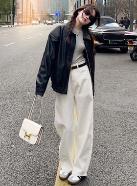 白色牛仔裤女2025年春季新款窄版阔腿裤垂感高腰显瘦直筒裤拖地裤