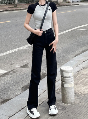 黑色窄版直筒牛仔裤女秋冬季新款小个子高腰修身显瘦弹力烟管裤子