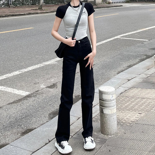黑色窄版直筒裤高腰弹力牛仔裤