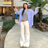 宽松显瘦不贴腿拖地喇叭裤 辣妹阔腿裤 子 女美式 白色低腰微喇牛仔裤