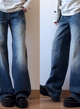 美式阔腿牛仔裤女2025复古蓝水洗设计感高腰宽松显瘦直筒裤拖地裤