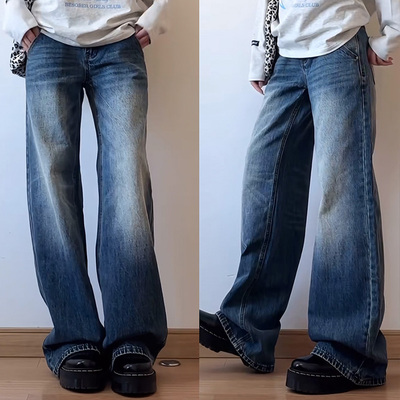 美式阔腿牛仔裤高腰宽松直筒裤