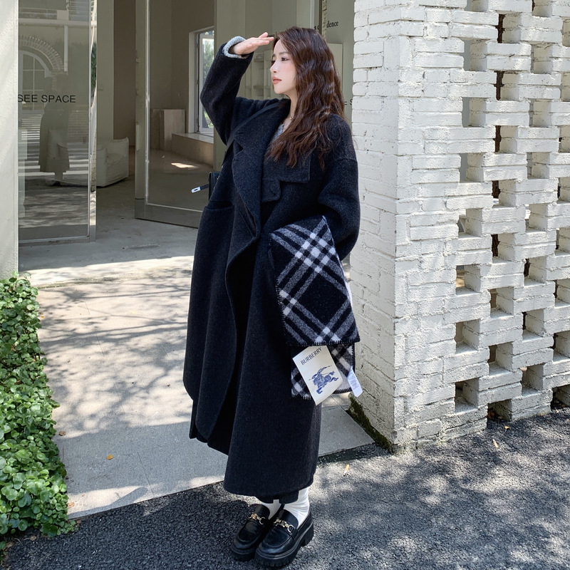 实拍炭黑色韩版慵懒风双面呢羊毛大衣2025冬复古气质显瘦毛呢