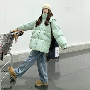 实拍薄荷浅绿色加厚连帽保暖白鸭绒羽绒服2025冬韩系学院风面包