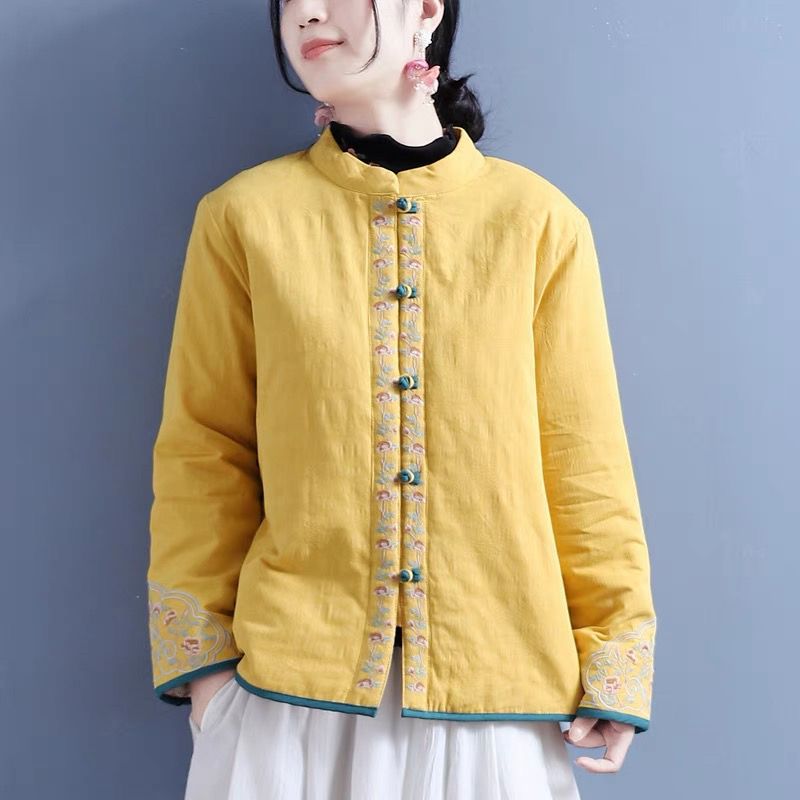 茶服冬季棉麻拼色盘扣绣花门襟立领棉衣女中国风复古宽松棉服外套