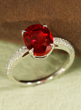 人工培育椭圆鸽血红宝石戒指时尚彩宝设计款S925银女戒通勤百搭