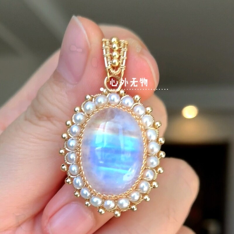 纯天然月光石吊坠女复古珍珠手工绕线纯银项链坠可来石选石不掉色