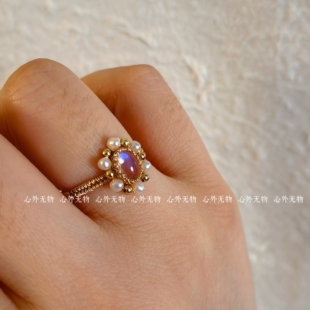 手工复古戒指女天然蓝月光石指环满天星小金珠珍珠边编织绕线精致