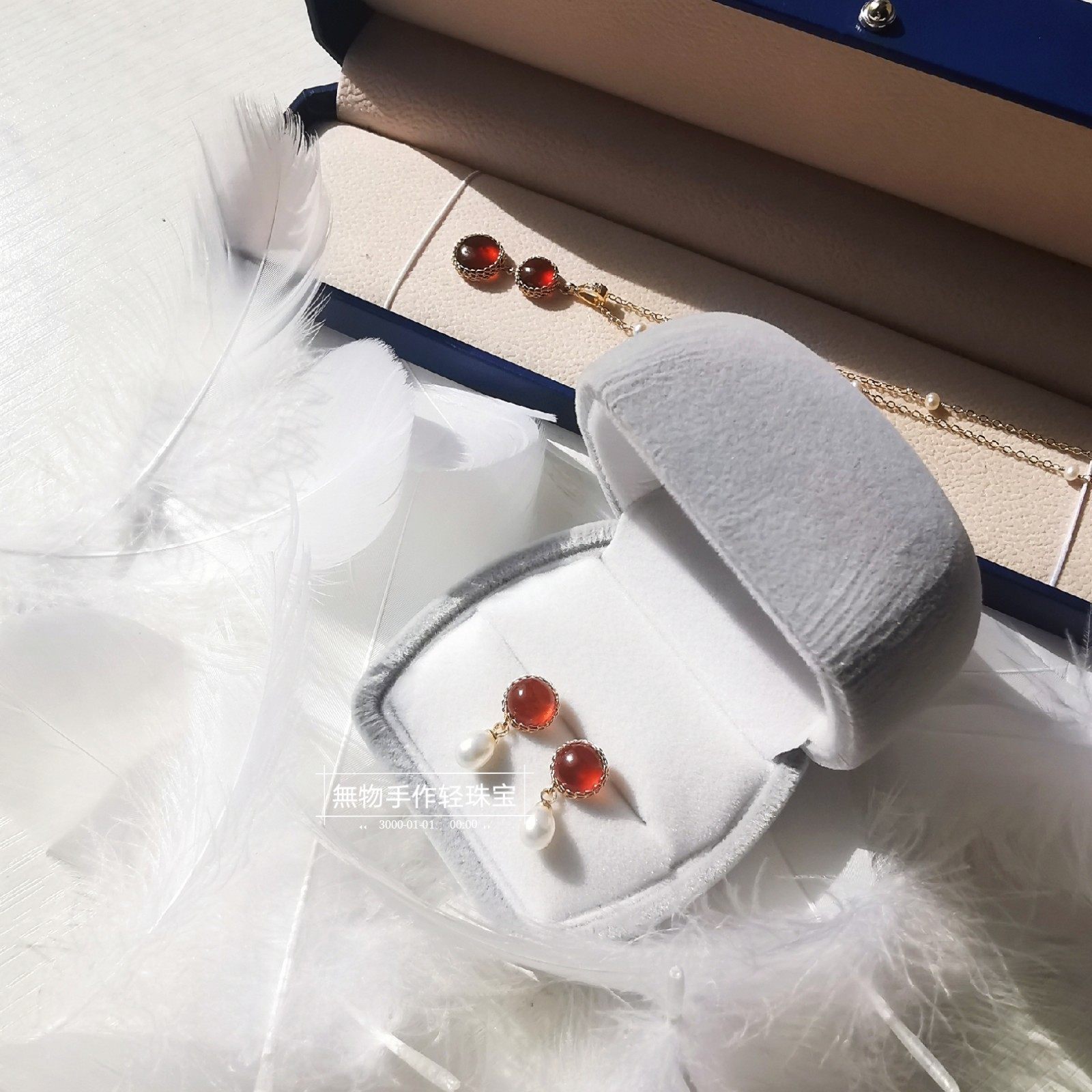 经典气质款天然酒红石榴石耳钉女美国14k包金编织防过敏珍珠耳坠