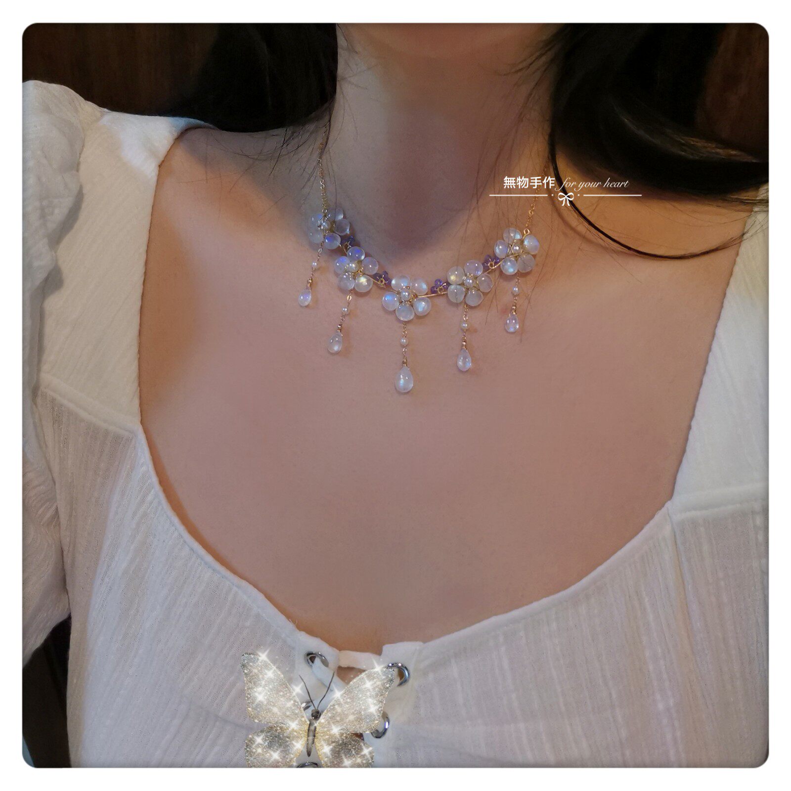 天然蓝月光石项链女花枝造型