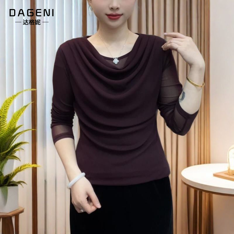 高档网纱打底衫时尚荡领长袖t恤