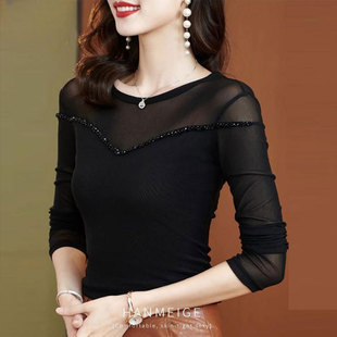 黑色网纱打底衫女春秋新款时尚内搭长袖t恤妈妈洋气广场舞上衣女