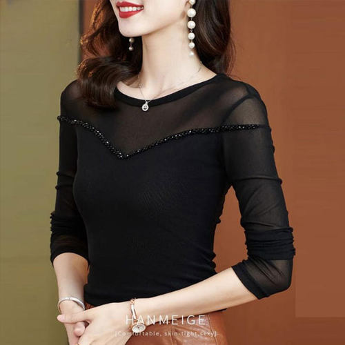 黑色网纱打底衫女广场舞上衣