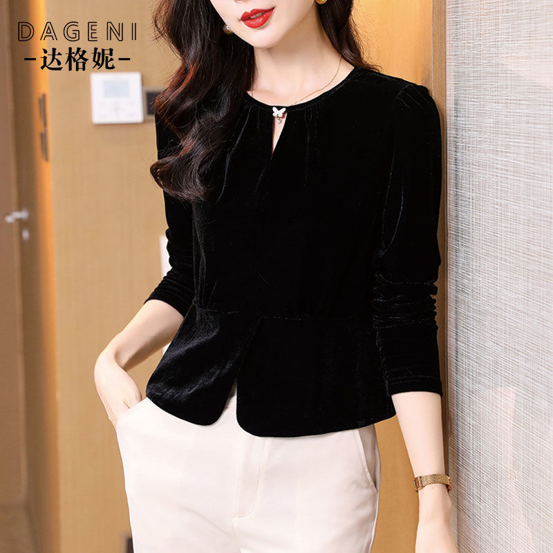 秋季新款小香风丝绒长袖打底衫女