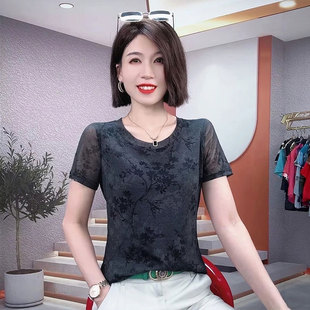 圆领印花网纱上衣女夏季2026新款蕾丝短袖T恤遮肚子显瘦半袖小衫