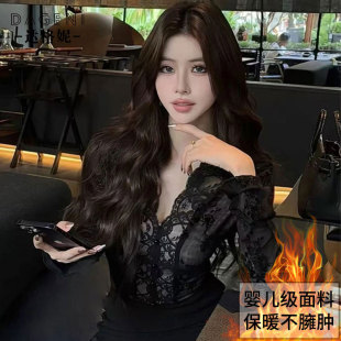 常规/加绒V领蕾丝打底衫女内搭秋冬款轻熟风加绒加厚保暖上衣