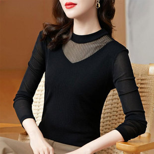 女内搭T恤黑色时髦洋气小衫 网纱打底衫 蕾丝上衣 女装 2025春秋新款