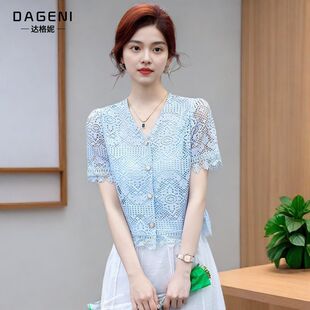 小个子镂空减龄上衣女短袖蕾丝衫2026夏季新款洋气V领百搭小衫潮