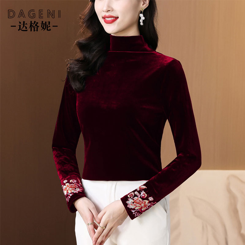 半高领丝绒长袖t恤女新中式小衫