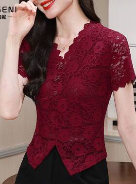 高级感V领蕾丝短袖T恤女