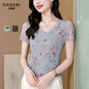 纱衣打底衫 气质V领碎花网纱短袖 薄款 新款 显瘦上衣 t恤女2026年夏季