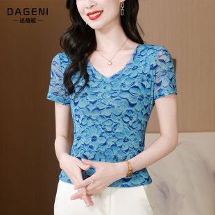 V领网纱印花短袖 修身 T恤女2026夏季 百搭纱衣小衫 显瘦上衣 新款 时尚