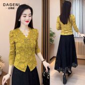 时髦显瘦百搭上衣打底衫 气质V领花边蕾丝t恤衫 2026新款 秋装 女长袖