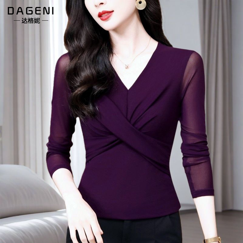 V领纯色网纱打底衫女洋气t恤